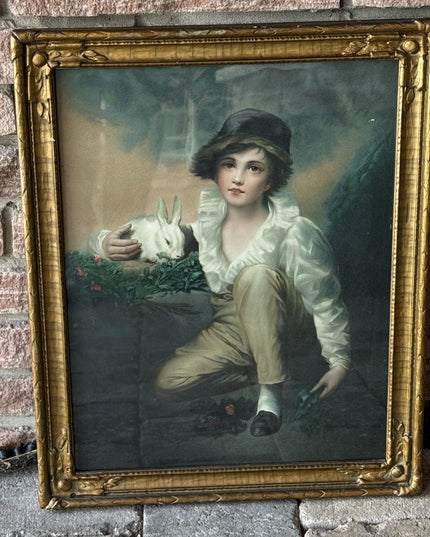Antique Boy With Rabbit Wood Framed gold gilt Print picture wall hanging