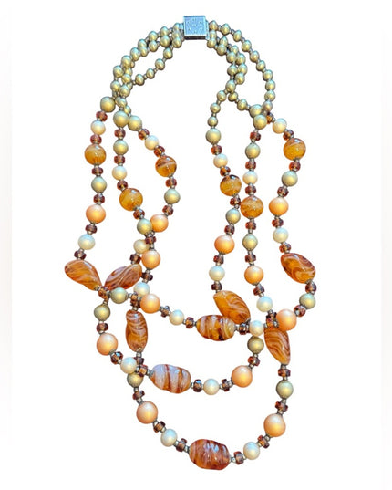 Vintage 845 Silver 3 strand Multi-Strand Murano goass Beaded Necklace faux pearl