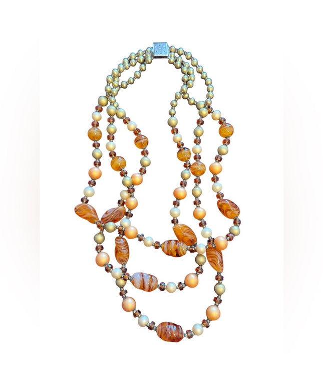 Vintage 845 Silver 3 strand Multi-Strand Murano goass Beaded Necklace faux pearl