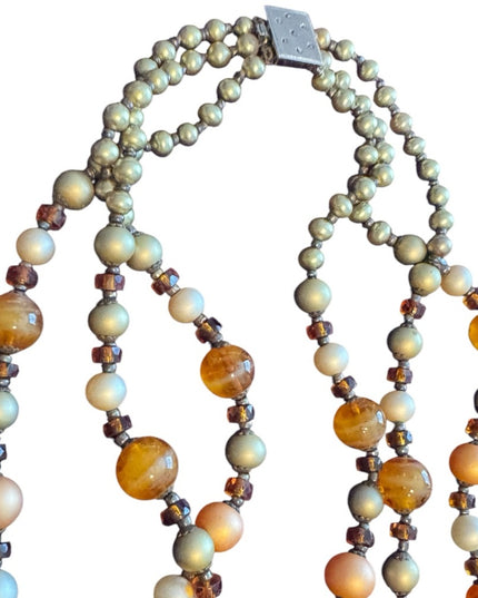 Vintage 845 Silver 3 strand Multi-Strand Murano goass Beaded Necklace faux pearl