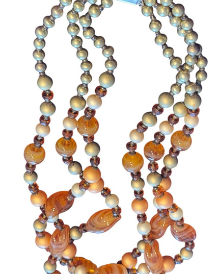 Vintage 845 Silver 3 strand Multi-Strand Murano goass Beaded Necklace faux pearl