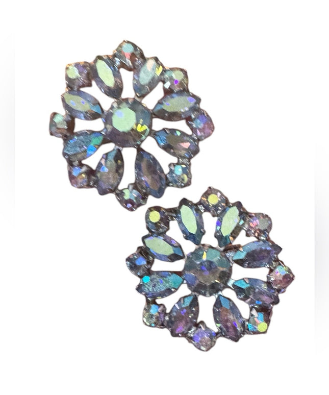 Elegant Keyes Vintage 1950s Keyes BLUE fancy AB Crystal Flower clip on Earrings