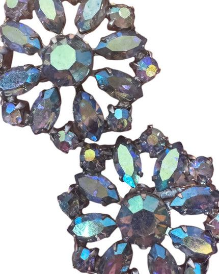 Elegant Keyes Vintage 1950s Keyes BLUE fancy AB Crystal Flower clip on Earrings