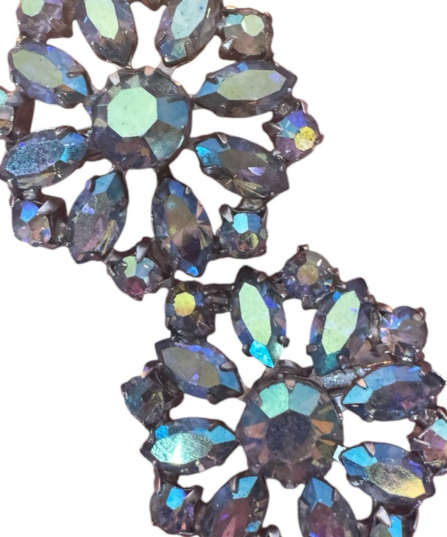 Elegant Keyes Vintage 1950s Keyes BLUE fancy AB Crystal Flower clip on Earrings