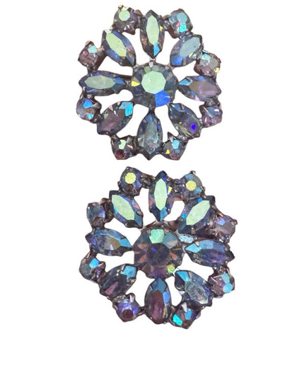 Elegant Keyes Vintage 1950s Keyes BLUE fancy AB Crystal Flower clip on Earrings
