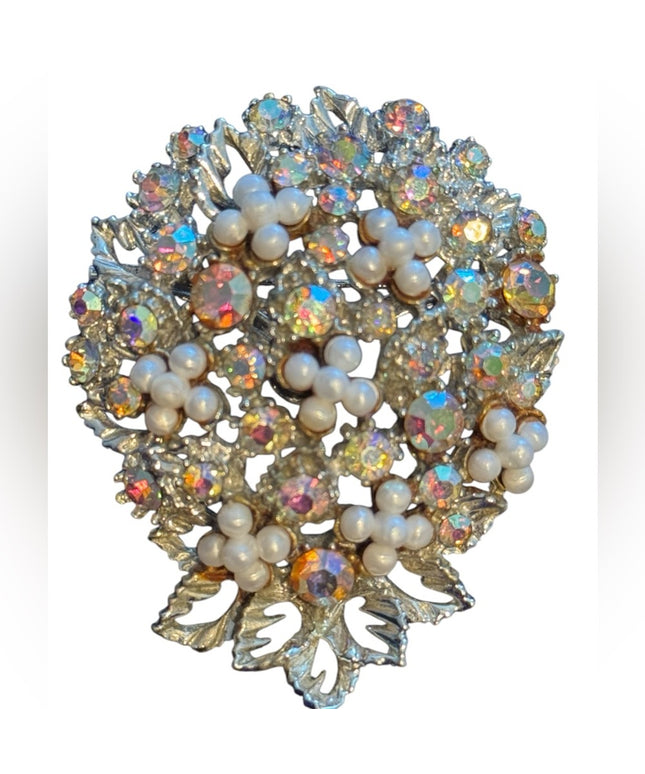 Vintage 1960s CORO AB Crystal -Rhinestone & Faux Pearl Brooch