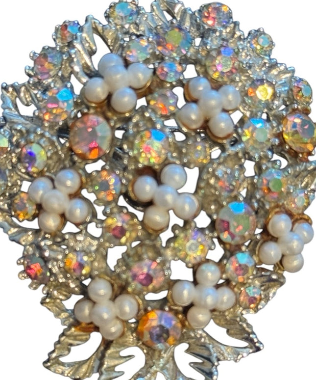 Vintage 1960s CORO AB Crystal -Rhinestone & Faux Pearl Brooch