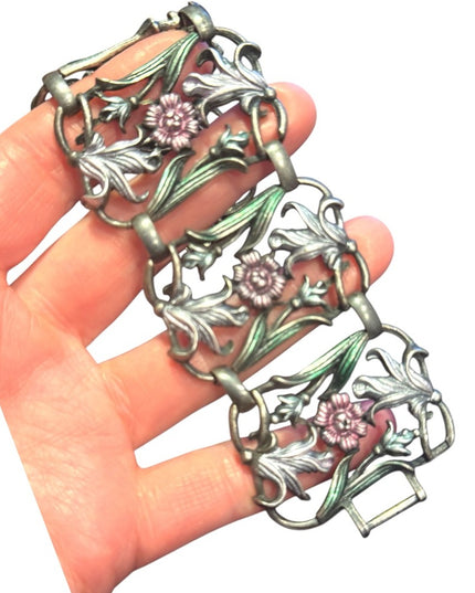 Vintage heavy Floral panel link Bracelet with Pink and Green Accents flowers