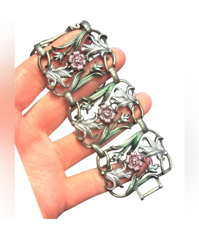 Vintage heavy Floral panel link Bracelet with Pink and Green Accents flowers