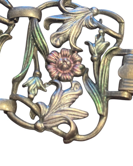 Vintage heavy Floral panel link Bracelet with Pink and Green Accents flowers