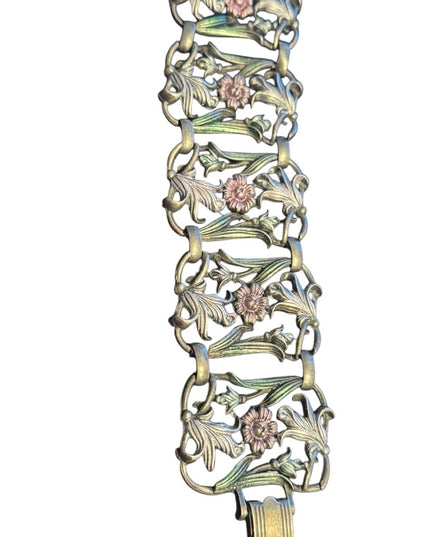 Vintage heavy Floral panel link Bracelet with Pink and Green Accents flowers