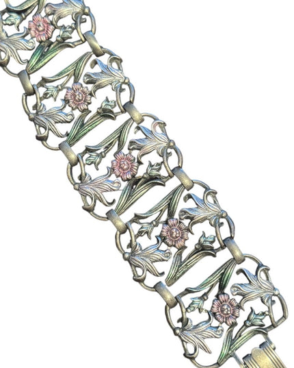 Vintage heavy Floral panel link Bracelet with Pink and Green Accents flowers