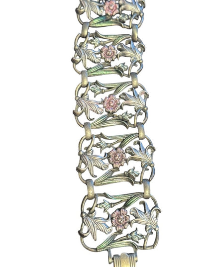 Vintage heavy Floral panel link Bracelet with Pink and Green Accents flowers