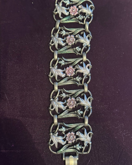 Vintage heavy Floral panel link Bracelet with Pink and Green Accents flowers