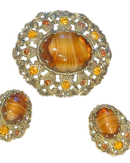 Vintage Amber glass and Gold finish filagree Brooch with Matching clip Earrings
