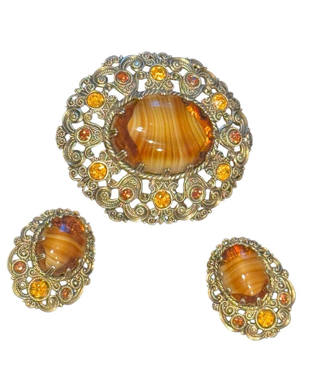 Vintage Amber glass and Gold finish filagree Brooch with Matching clip Earrings