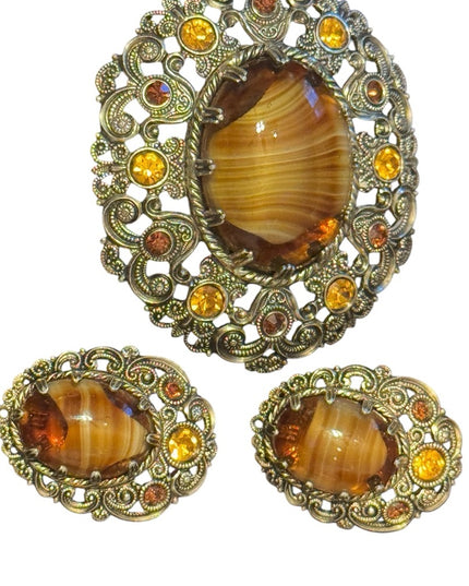 Vintage Amber glass and Gold finish filagree Brooch with Matching clip Earrings