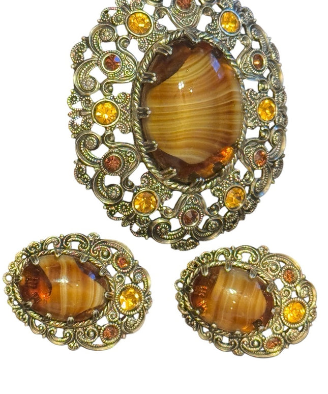Vintage Amber glass and Gold finish filagree Brooch with Matching clip Earrings