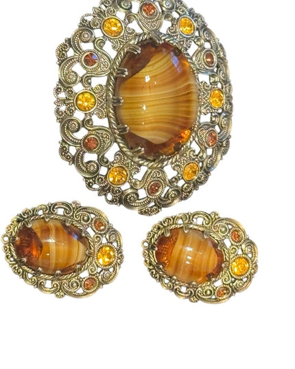 Vintage Amber glass and Gold finish filagree Brooch with Matching clip Earrings