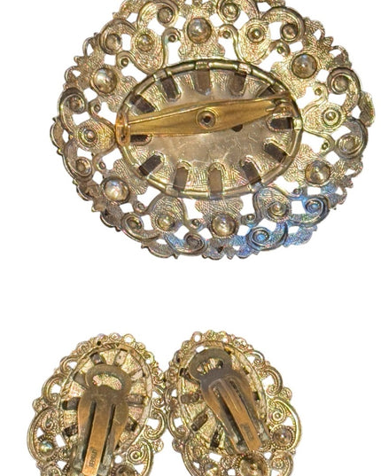 Vintage Amber glass and Gold finish filagree Brooch with Matching clip Earrings