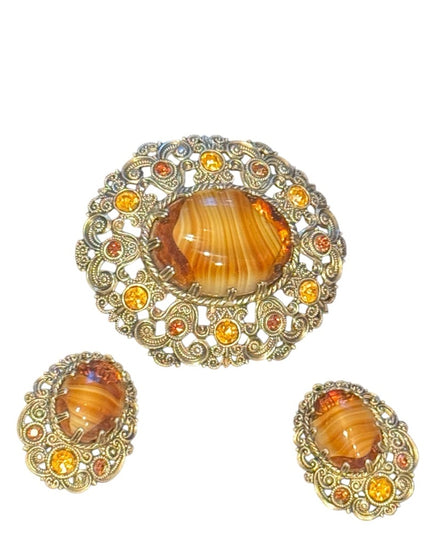 Vintage Amber glass and Gold finish filagree Brooch with Matching clip Earrings