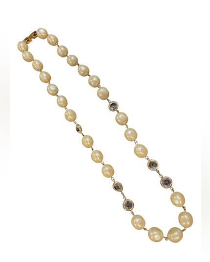 Vintage Givenchy New York Paris Necklace Faux Pearl Bezel Set Crystal Gold Tone