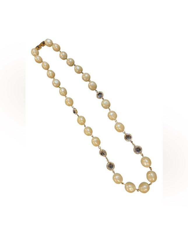 Vintage Givenchy New York Paris Necklace Faux Pearl Bezel Set Crystal Gold Tone