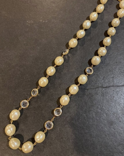 Vintage Givenchy New York Paris Necklace Faux Pearl Bezel Set Crystal Gold Tone