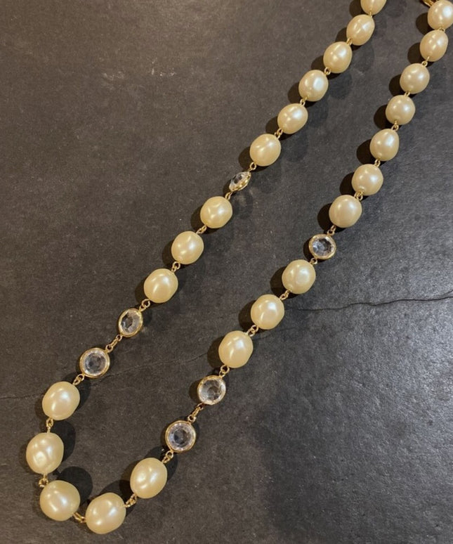Vintage Givenchy New York Paris Necklace Faux Pearl Bezel Set Crystal Gold Tone