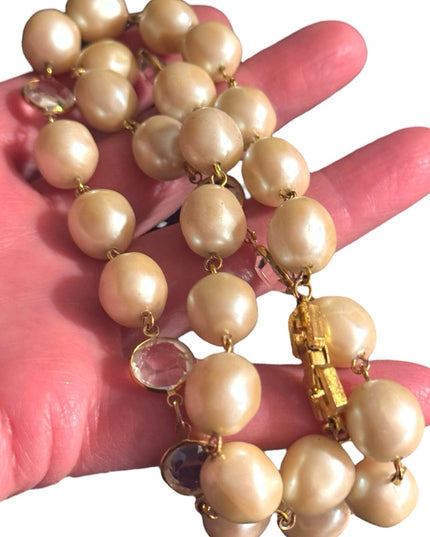 Vintage Givenchy New York Paris Necklace Faux Pearl Bezel Set Crystal Gold Tone