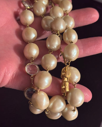 Vintage Givenchy New York Paris Necklace Faux Pearl Bezel Set Crystal Gold Tone