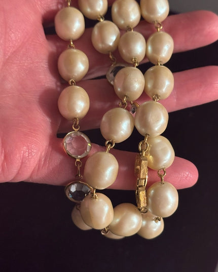 Vintage Givenchy New York Paris Necklace Faux Pearl Bezel Set Crystal Gold Tone