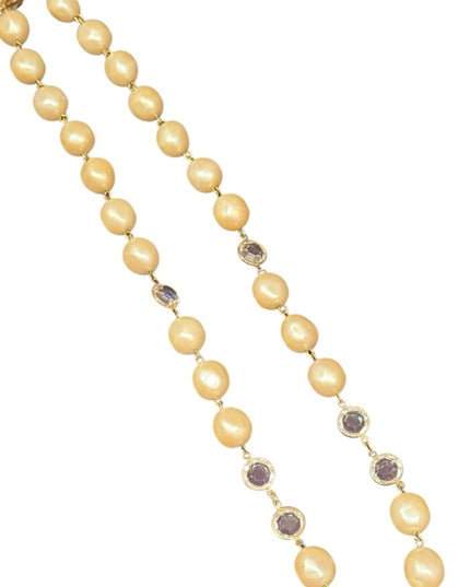 Vintage Givenchy New York Paris Necklace Faux Pearl Bezel Set Crystal Gold Tone
