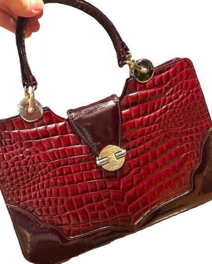 Vintage 1960s Millies Elegant Burgundy Crocodile-Embossed Handbag