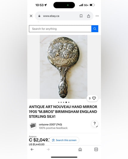 Antique  Sterling Silver 925 angel Cherub Hand Mirror