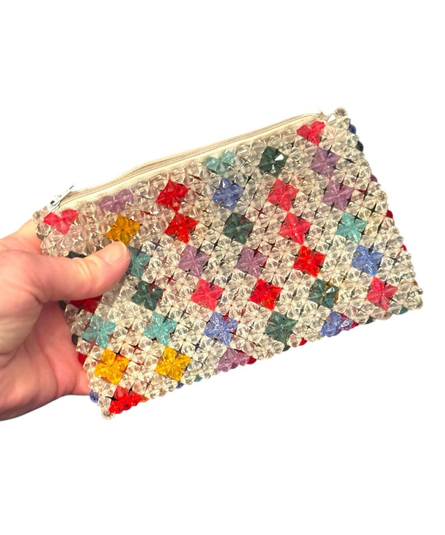 Vintage 1960s Handmade Multicolor Beaded Clutch makeup bag