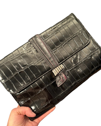 Vintage Black Crocodile Embossed Patent Leather 1960s  Shilton Shoulder Clutch