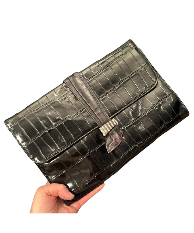 Vintage Black Crocodile Embossed Patent Leather 1960s  Shilton Shoulder Clutch