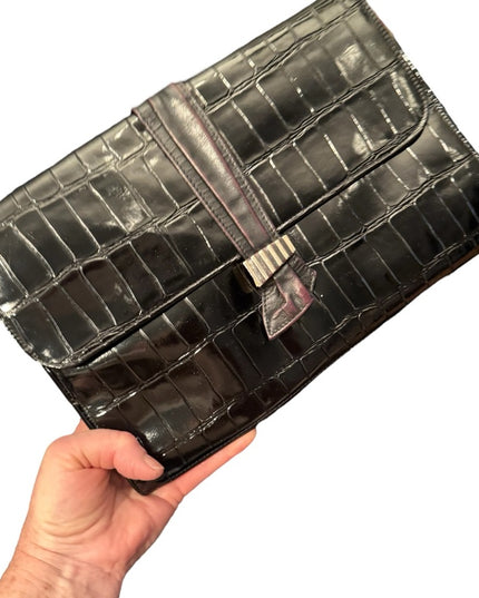 Vintage Black Crocodile Embossed Patent Leather 1960s  Shilton Shoulder Clutch