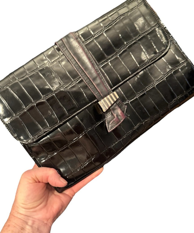 Vintage Black Crocodile Embossed Patent Leather 1960s  Shilton Shoulder Clutch