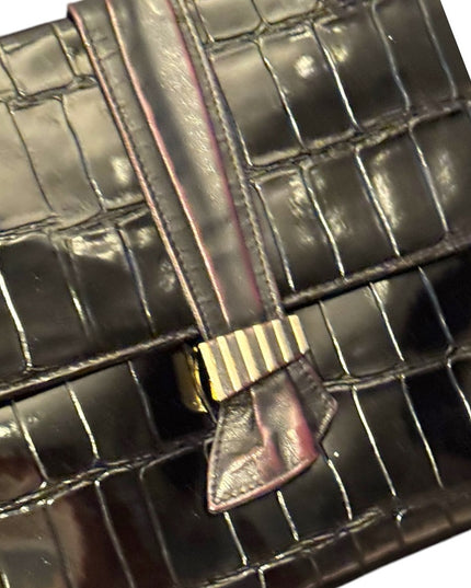 Vintage Black Crocodile Embossed Patent Leather 1960s  Shilton Shoulder Clutch
