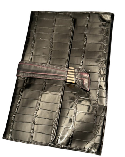Vintage Black Crocodile Embossed Patent Leather 1960s  Shilton Shoulder Clutch