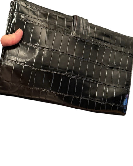 Vintage Black Crocodile Embossed Patent Leather 1960s  Shilton Shoulder Clutch