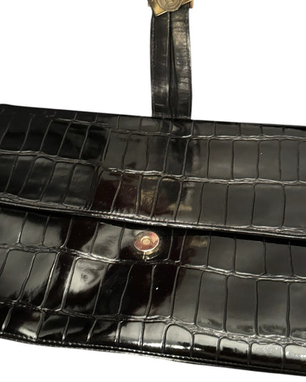 Vintage Black Crocodile Embossed Patent Leather 1960s  Shilton Shoulder Clutch