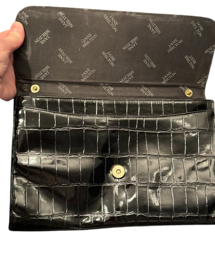 Vintage Black Crocodile Embossed Patent Leather 1960s  Shilton Shoulder Clutch