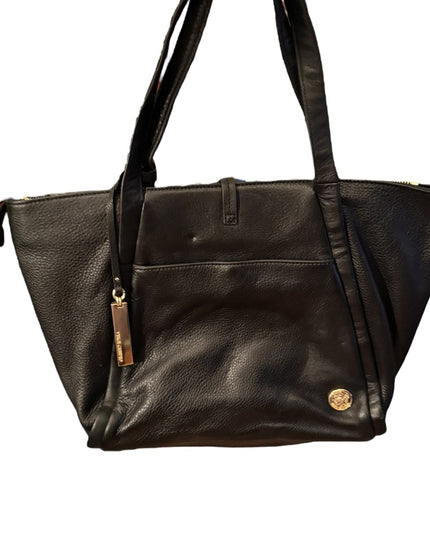 Lovely Vince Camuto Black Leather Tote Bag with gold accents