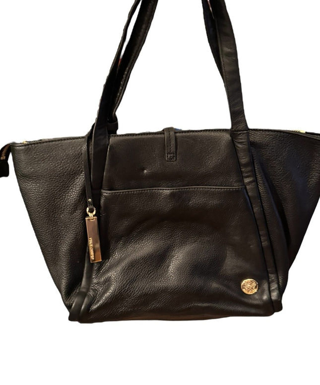 Lovely Vince Camuto Black Leather Tote Bag with gold accents