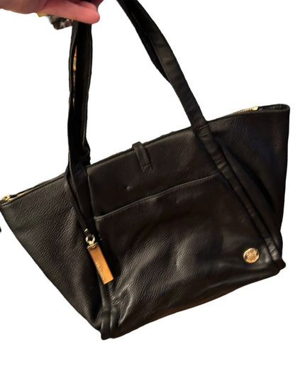 Lovely Vince Camuto Black Leather Tote Bag with gold accents