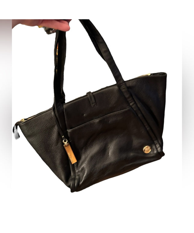 Lovely Vince Camuto Black Leather Tote Bag with gold accents