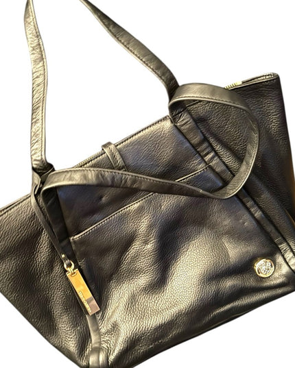 Lovely Vince Camuto Black Leather Tote Bag with gold accents